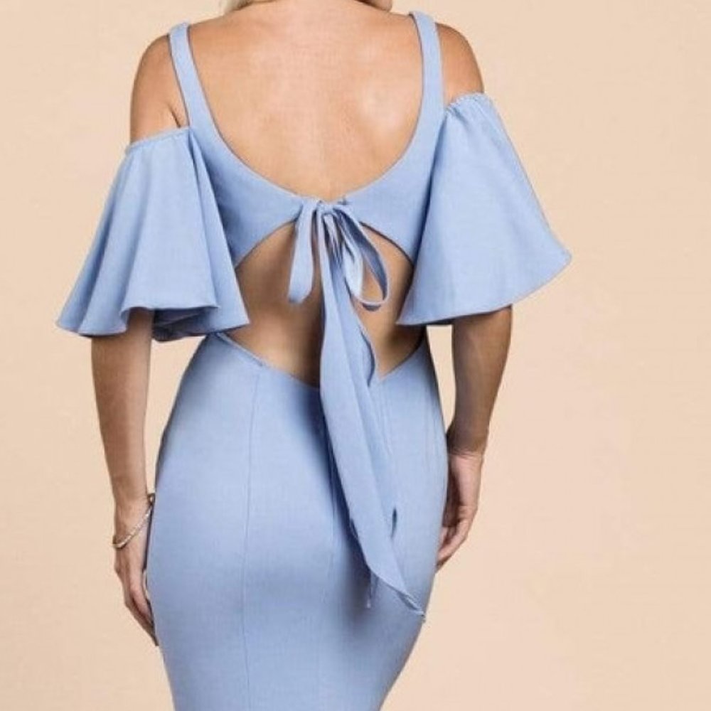 NEW LONG OFF THE SHOULDER TRUMPET DRESS WITH FLARED SLEEVES & DEEP SLIT CD A0079 - Picture 5 of 6